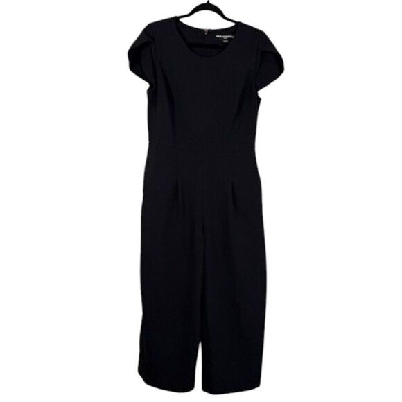 Karl Lagerfeld Wide Leg Jumpsuit Black Tulip Sleeve Pintuck front Pockets Size 8 - Picture 1 of 15